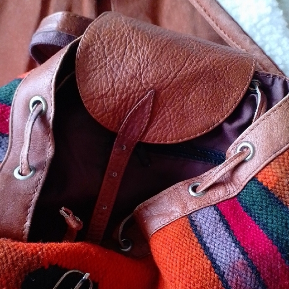 Vintage Peru Andean Hippie Boho Festival Wool Blanket Pockets Bag Backpack Rucks - Picture 6 of 6